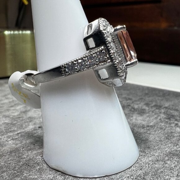 Ring Bomb Party Ring, size 7, light peach stone silver color band, CZ looking - Picture 3 of 5